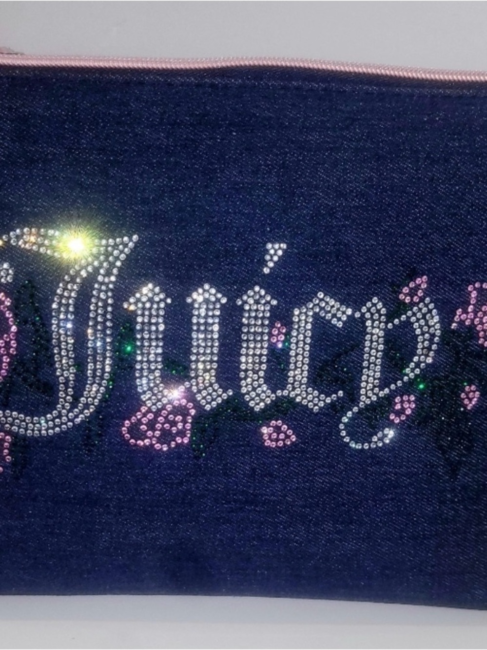 Juicy Couture Denim Cosmetic Pouch with Pink Rhinestone Accents